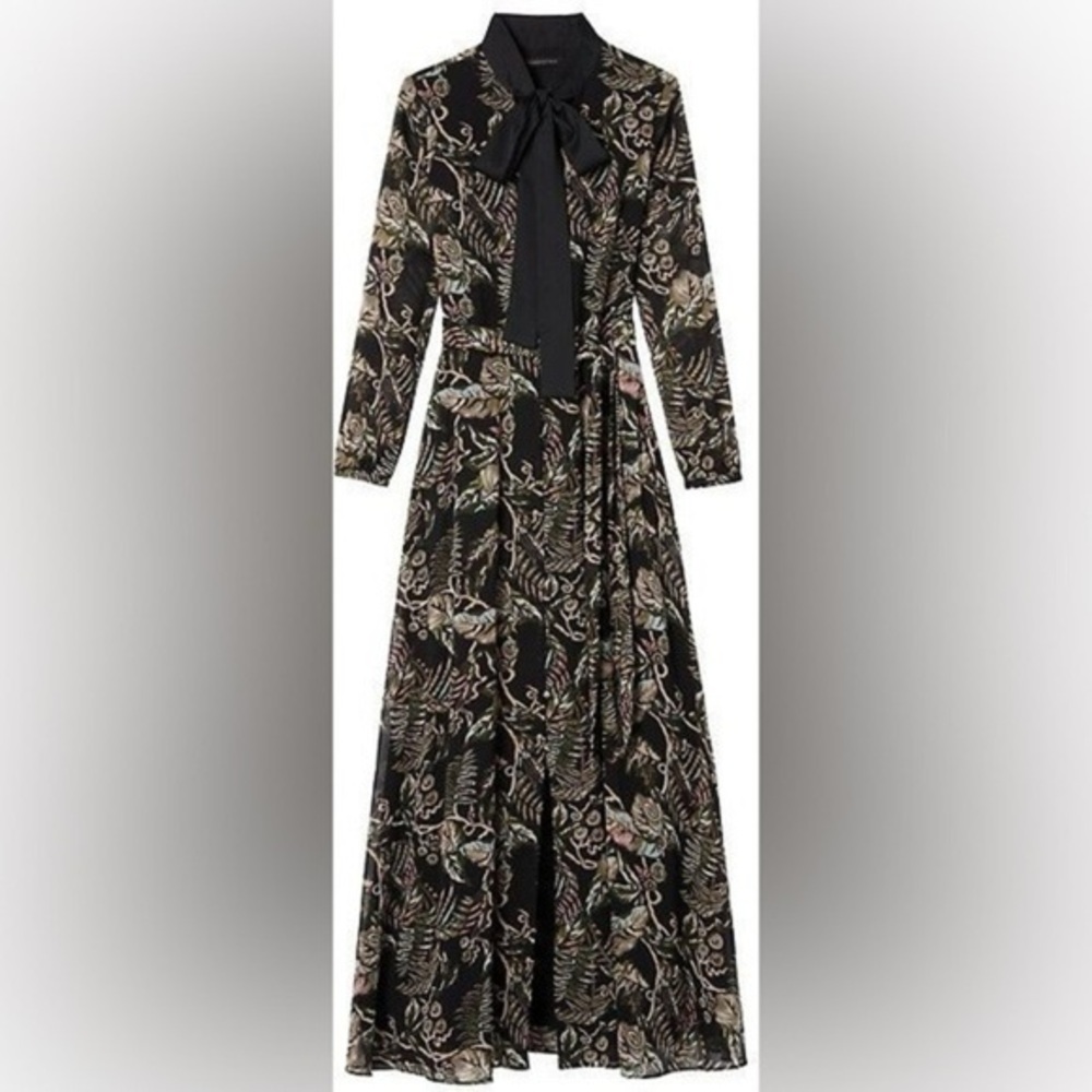 Banana Republic floral tie neck maxi boho-chic button loops in front size 0